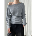 Deer West Design Sense Fitted Waist Slimming Asymmetrical Shoulder Knit Top Women's Autumn New Long Sleeve Off-Shoulder Shirt Innerwear