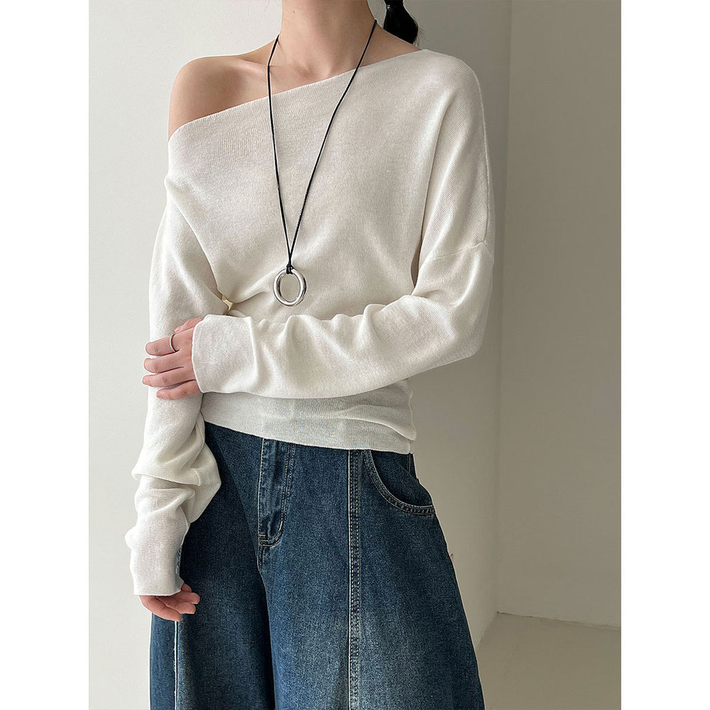 Deer West Design Sense Fitted Waist Slimming Asymmetrical Shoulder Knit Top Women's Autumn New Long Sleeve Off-Shoulder Shirt Innerwear