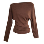 Deer West Design Sense Fitted Waist Slimming Asymmetrical Shoulder Knit Top Women's Autumn New Long Sleeve Off-Shoulder Shirt Innerwear