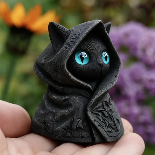 Mysterious Hooded Cat Figurine - Gothic Black Cat Statue, Fantasy Witchy Kitten Sculpture Home Decor, Perfect Gift for Cat Lovers💋