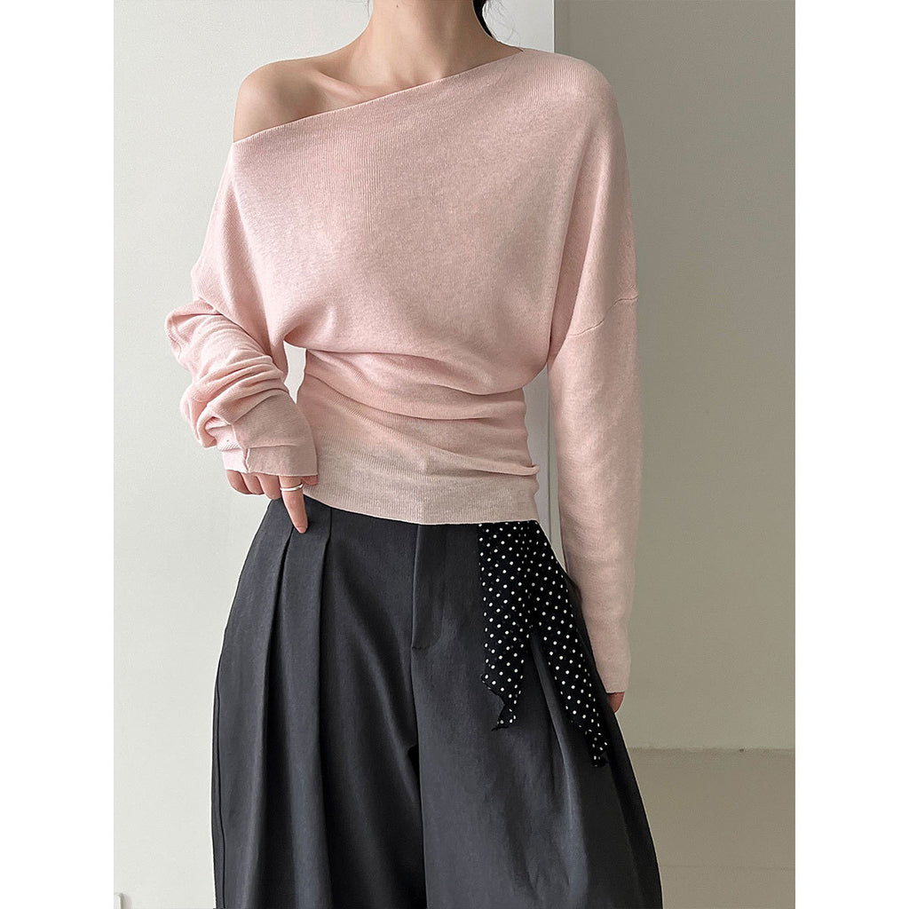 Deer West Design Sense Fitted Waist Slimming Asymmetrical Shoulder Knit Top Women's Autumn New Long Sleeve Off-Shoulder Shirt Innerwear