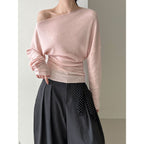 Deer West Design Sense Fitted Waist Slimming Asymmetrical Shoulder Knit Top Women's Autumn New Long Sleeve Off-Shoulder Shirt Innerwear