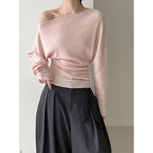 Deer West Design Sense Fitted Waist Slimming Asymmetrical Shoulder Knit Top Women's Autumn New Long Sleeve Off-Shoulder Shirt Innerwear