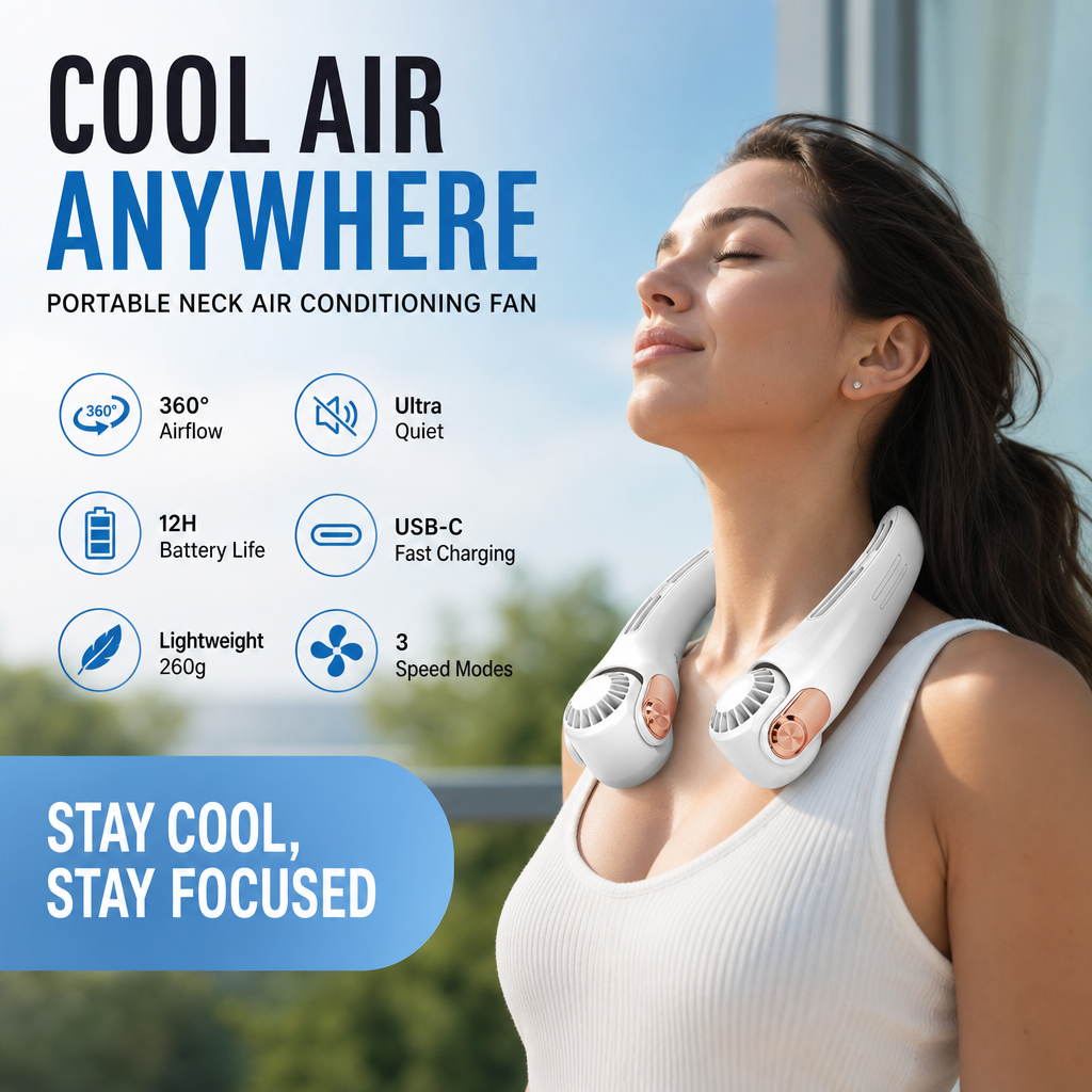🥳2026 HOT SALE🥳💞50K+ SOLD!🍃 Neck Air Conditioner Fan – Ultra‑quiet, 360° rotating, 3 speeds. Hands‑free cooling, long battery. Summer essential! 🌬️💋