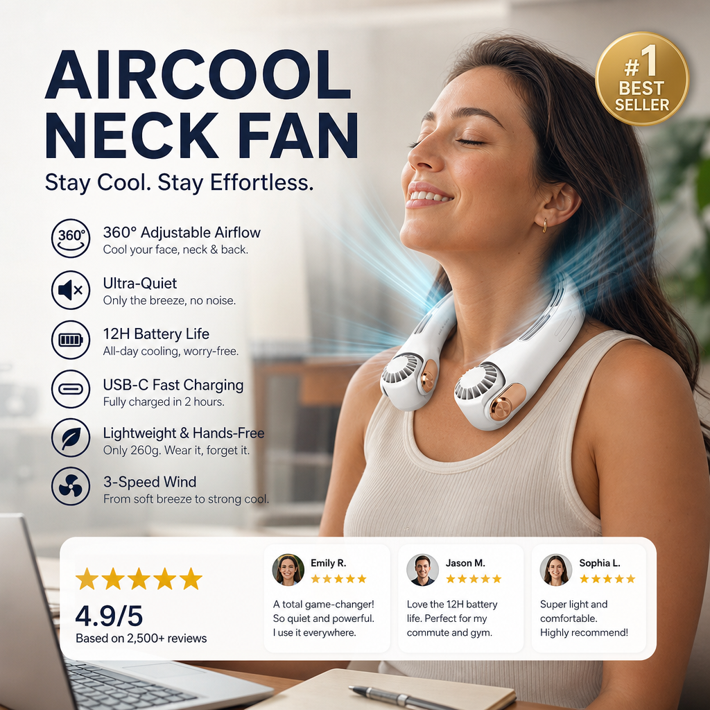 🥳2026 HOT SALE🥳💞50K+ SOLD!🍃 Neck Air Conditioner Fan – Ultra‑quiet, 360° rotating, 3 speeds. Hands‑free cooling, long battery. Summer essential! 🌬️💋