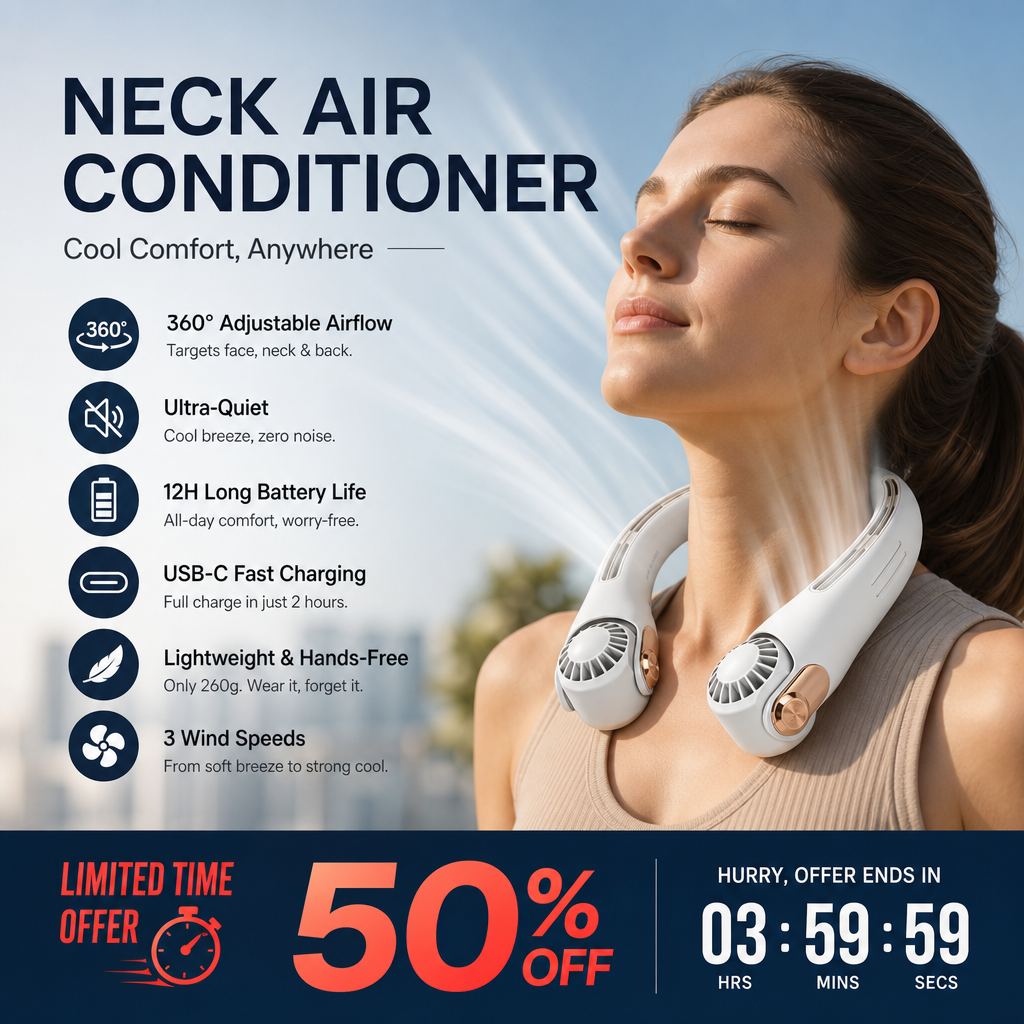 🥳2026 HOT SALE🥳💞50K+ SOLD!🍃 Neck Air Conditioner Fan – Ultra‑quiet, 360° rotating, 3 speeds. Hands‑free cooling, long battery. Summer essential! 🌬️💋
